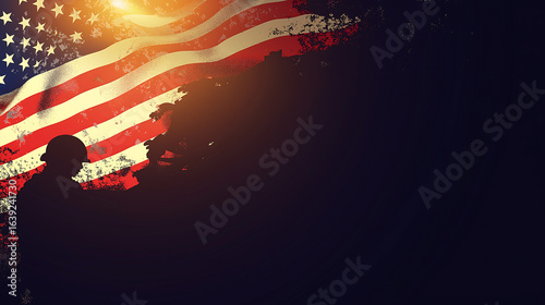 american flag waving behind a silhouette of a soldier usa veterans day background with copy space