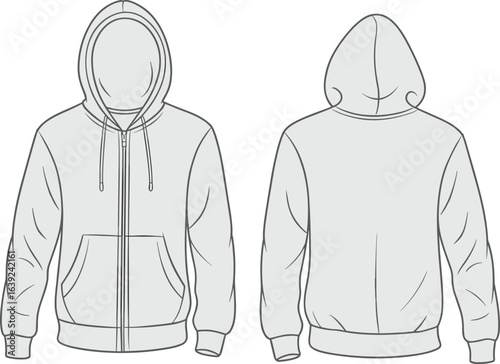Front and back view zip up hoodie with drawstring hood, kangaroo pocket and ribbed cuffs, casual unisex clothing mockup, flat vector illustration