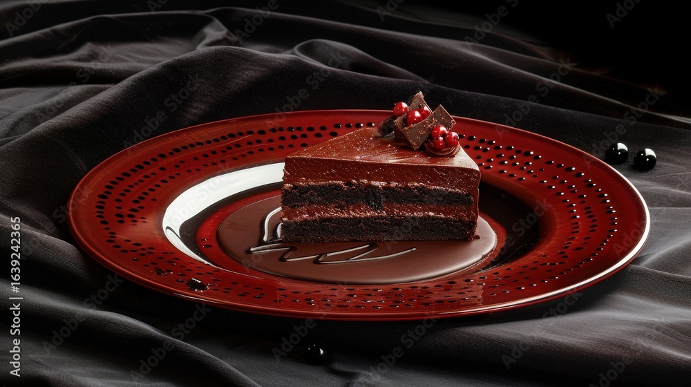 Obraz premium A decadent chocolate cake slice garnished with chocolate shavings and berries on a red plate.