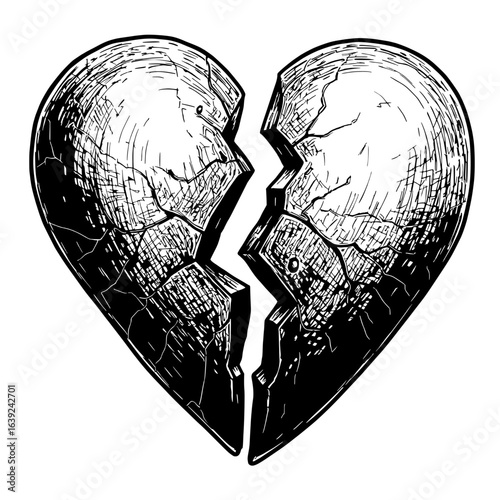 Broken Heart: A poignant depiction of a broken heart, rendered in intricate detail with shadows and lines. The image embodies feelings of pain, loss, and sorrow. 