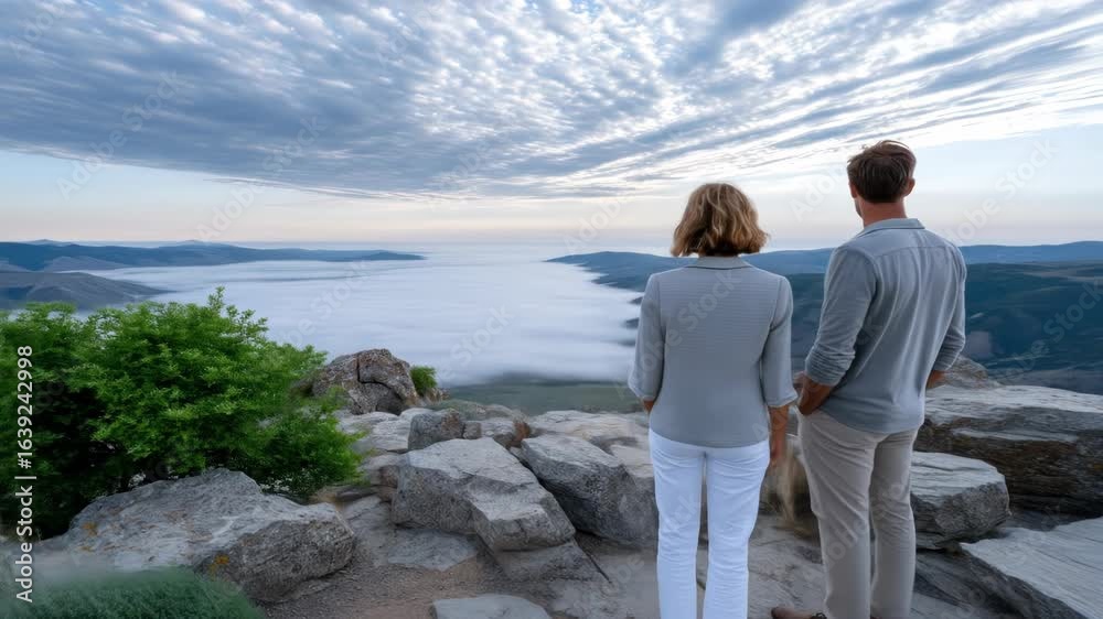 A couple stands on a rocky overlook, facing a valley filled with fog under a dramatic, cloud-filled sky A couple stands on a rocky overlook, facing a valley filled with fog under a dramatic, cloud-filled sky