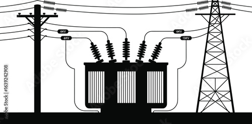 Electrical power transformer with high voltage transmission lines, utility poles, and substation equipment for energy distribution network, flat vector illustration