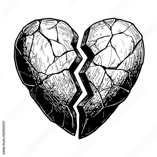 Shattered Heart: A stark black-and-white illustration of a heart, cruelly divided into fragments, embodies the pain of emotional loss, symbolizing brokenness and the raw experience of heartbreak.