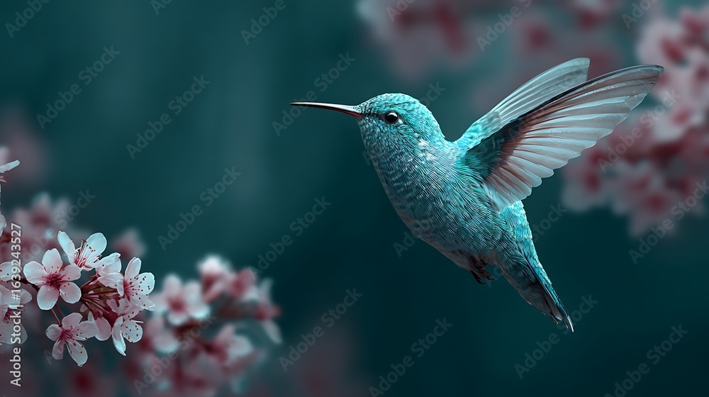 Naklejka premium Bright hummingbird feeding quietly over dark blossoms in moonbeam-dappled garden 