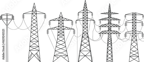 High voltage power transmission towers and electricity pylons with overhead cables for energy infrastructure and industrial engineering concept, flat vector illustration