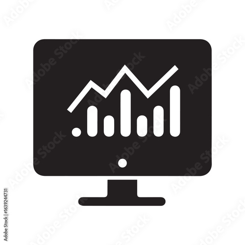 Computer screen displaying a line graph and bar chart in black and white for data analysis and trends
