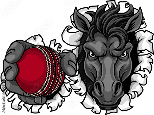 Horse mustang bronco stallion cricket angry sports team mascot holding a ball.