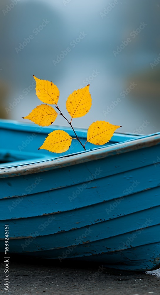 Obraz premium Yellow birch leaves on a blue boat on a calm lake in autumn season and landscape