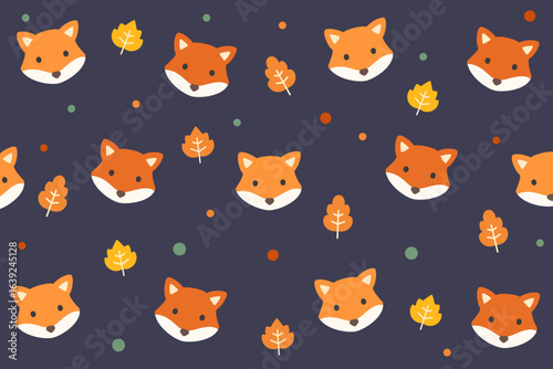 Seamless autumn woodland pattern with red fox faces and falling leaves on dark blue background, perfect for cozy fall-themed wrapping paper, fabrics, and home decor.