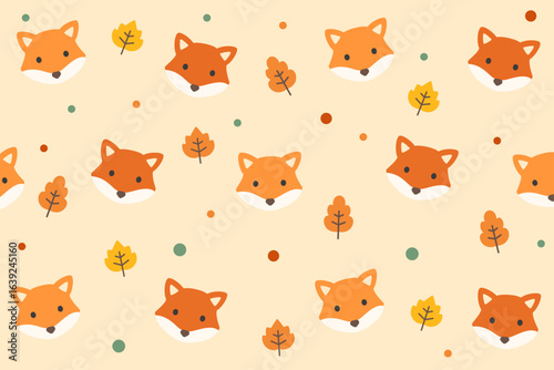 Playful seamless pattern of cute red fox faces and falling autumn leaves on pale yellow background, bringing a cheerful woodland aesthetic to fabrics, crafts, and stationery.