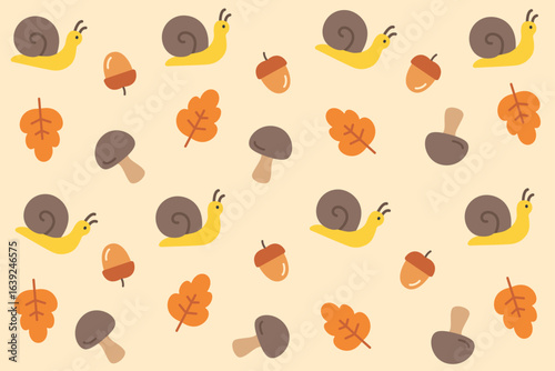 Seamless pattern of snails, acorns, and falling leaves on a soft pale yellow background, creating a charming autumn woodland vibe for seasonal textiles and wallpapers.