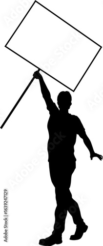 Protestor or demonstrator at a demonstration march, picket line or strike protest rally in silhouette. Holding up a banner or picket sign board placard.