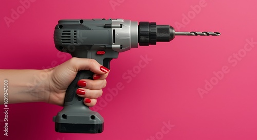 Woman holding cordless drill against pink background for construction and repair work