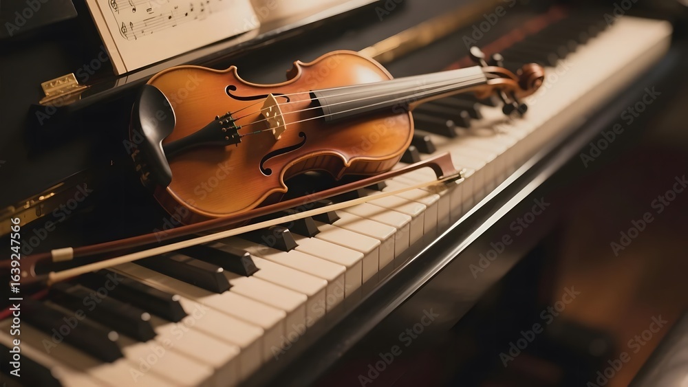 Fototapeta premium Violin Resting on Piano Keys with Sheet Music in Background
