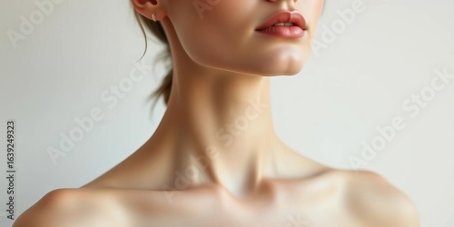 Elegant neckline, soft light, minimalist studio portrait,   texture,  beauty