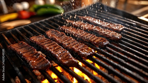 Professional carne asada grill showcasing caramelized beef strips with char marks, glowing embers beneath creating authentic Mexican restaurant atmosphere