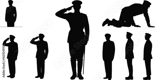 Military officer silhouette poses, army soldier saluting and standing positions, uniformed personnel training illustration, armed forces respect concept, flat vector illustration