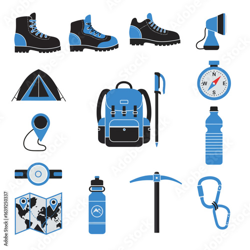 Essential gear for a hiking or mountaineering adventure, including boots, backpack, tent, and navigational tools.