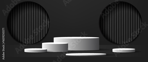 Minimalist dark vector background with white cylindrical podiums, spotlight effect, and vertical stripe backdrop, perfect for product display or presentation scenes.
