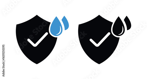 Waterproof Shield Icon. Water resistant Protection Badge with Checkmark and Droplets, Quality Seal Symbol for Product, Packaging, Electronics, Outdoor Gear, Safety Label