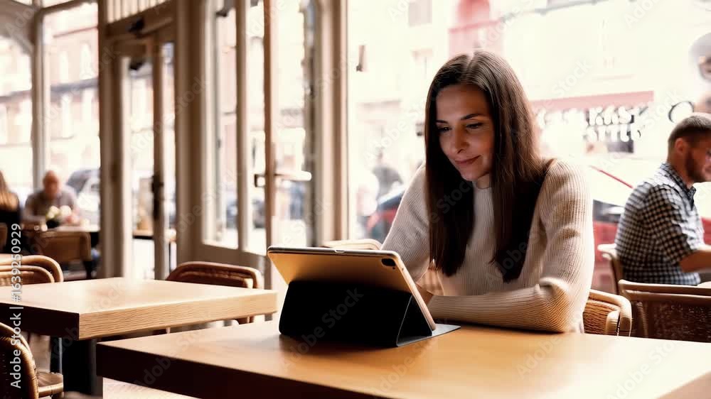 Woman sits at restaurant table, smiling as she interacts with her tablet. Happy woman looks at the tablet during restaurant visit. joyful expression. social media communication via tablet. Woman sits at restaurant table, smiling as she interacts with her tablet. Happy woman looks at the tablet during restaurant visit. joyful expression. social media communication via tablet.