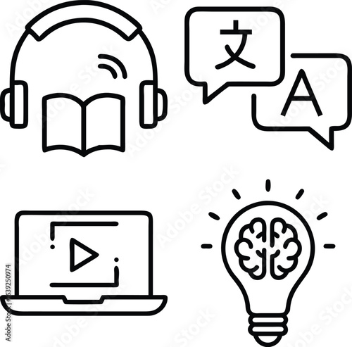 A collection of four line art icons representing language learning, including headphones, speech bubbles with characters, a laptop with a play button, and a lightbulb with a brain.