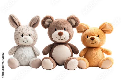 Colorful stuffed animal toys set isolated on white background featuring bunny, bear, and cub in inviting and playful arrangement suitable for children's decor or gifts