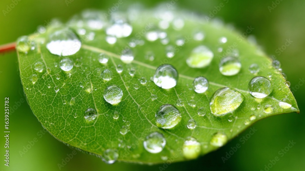 Beautiful green leaf adorned with droplets of water glistens in the sunlight after a refreshing rain Beautiful green leaf adorned with droplets of water glistens in the sunlight after a refreshing rain