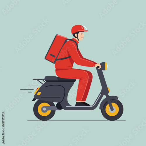 A courier wearing a helmet and red uniform rides a scooter for a fast delivery service.
