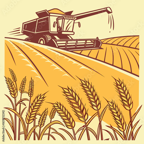 Harvesting Gold: A dynamic depiction of a combine harvester working a golden field of wheat. The image uses a vintage style, a testament to the industry's history and progress. 