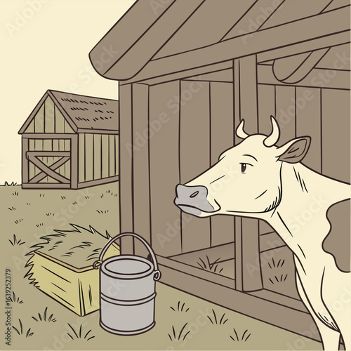 Rural Farm Life: An illustration of a cow gazing pensively from its barn, with other rural element setting the tone of farm living 