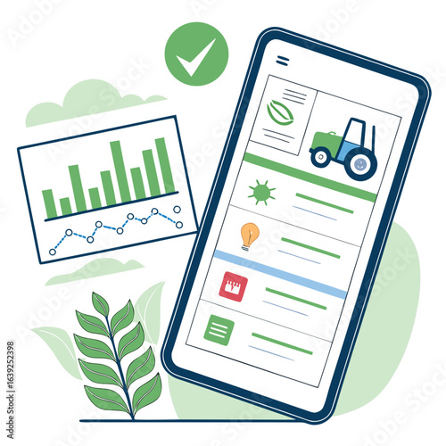 Smart Farming Technology: A vibrant illustration showcasing a mobile app, data analysis, and a modern agricultural tractor, illustrating the innovations in modern farming practices. 