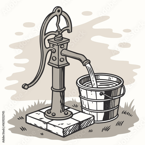 Old Water Pump and Bucket: A vintage water pump stands stoically, water pouring into a wooden bucket. This image captures a sense of nostalgia and a connection to simpler times.