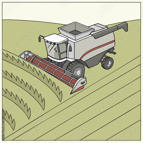 Harvesting Field: A combine harvester diligently navigates through a lush field, expertly reaping a bountiful crop of grain, embodying agricultural productivity.