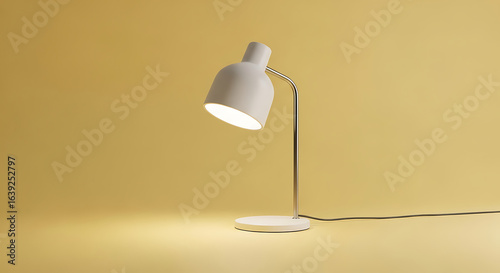 A modern white desk lamp illuminates a soft yellow background, casting a warm glow on its base and the surrounding surface.