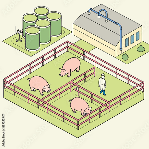 Farming Operation Illustrated: A neat illustration captures a modern farming operation, showing pigs in pens, storage tanks, and a processing facility.