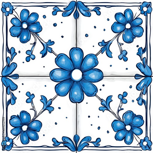 Blue and White Floral Tile Pattern Design, Generative AI