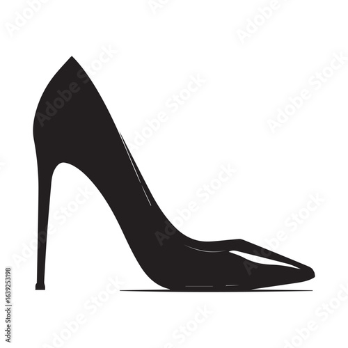 A sleek black stiletto heel shoe with a pointed toe and a high heel on a white isolated background