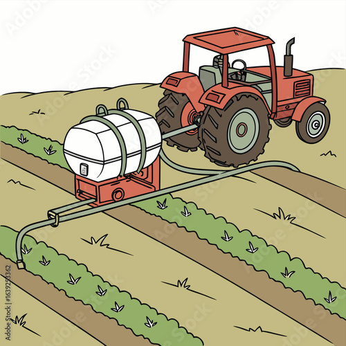 Agricultural Technology: Illustration of a tractor applying liquid fertilizer or pesticide in a field, symbolizing the technological advancements in agriculture.