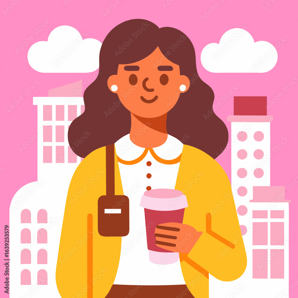 Smiling woman holding takeaway coffee cup standing in cityscape background.
Smiling woman holding takeaway coffee cup standing in cityscape background.
