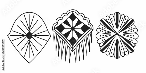 Three geometric designs featuring radial symmetry and linear elements in a minimalist style art form