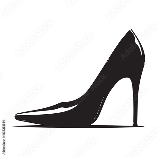 A sleek black high heel shoe with a pointed toe and a slender stiletto heel is elegantly displayed
