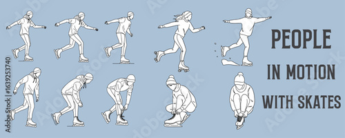 Architectural Drawings people in motion with skates, either cruising, stopping, or tying laces vector illustration, human person Minimal style hand drawn.