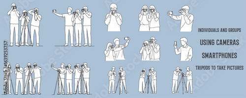 Architectural Drawings individuals and groups using cameras, smartphones, or tripods to take pictures vector illustration, side view, human person Minimal style hand drawn.