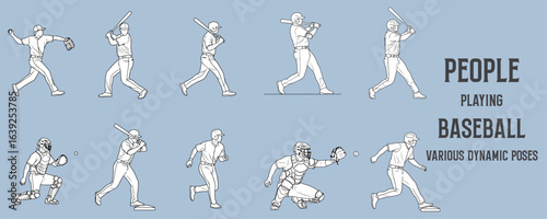 Architectural Drawings people playing baseball in various dynamic poses such as pitching, batting, catching, and running bases vector illustration, side view, human person Minimal style hand drawn.