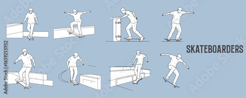 Architectural Drawings skateboarders riding, pushing off, or performing simple tricks vector illustration, side view, human person Minimal style hand drawn.