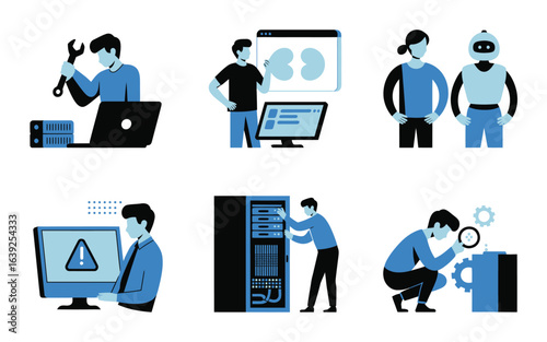 Technicians working with computers servers and robots