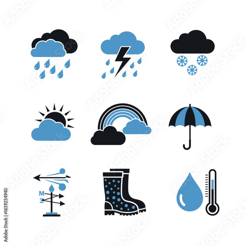 A collection of weather icons depicting various conditions, including rain, snow, storms, sunshine, wind, and temperature.