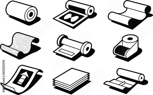 Isometric icons of paper rolls and printing equipment