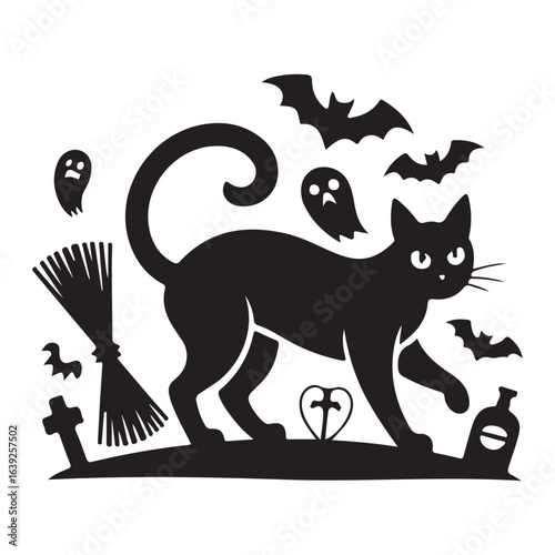 Black cat silhouette with bats and Halloween decorations on white background